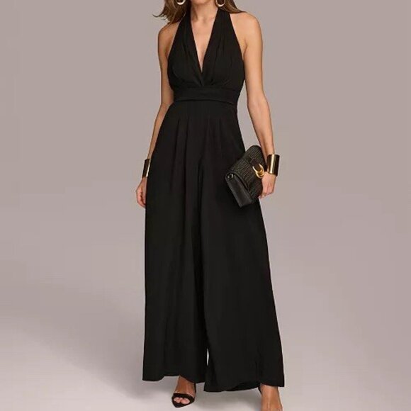 New DONNA KARAN NEW YORK Womens Size 14 Black Wide Leg Halter Jumpsuit Cocktail - Picture 2 of 15